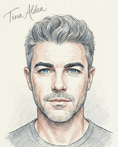 Delivered soulmate sketch of a man with grey hair and blue eyes, signed Tina Aldea